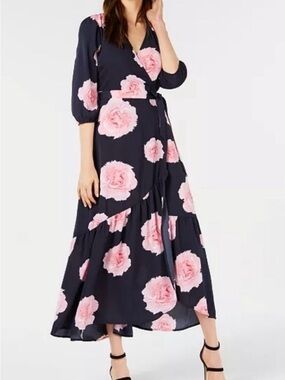 Bar III Navy Maxi Wrap Dress with Pink Rose Print